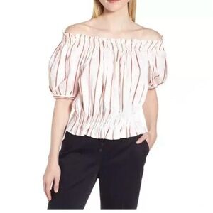 LEWIT Women Off Shoulder Blouse Size M White Red Striped Casual Beachy Linen